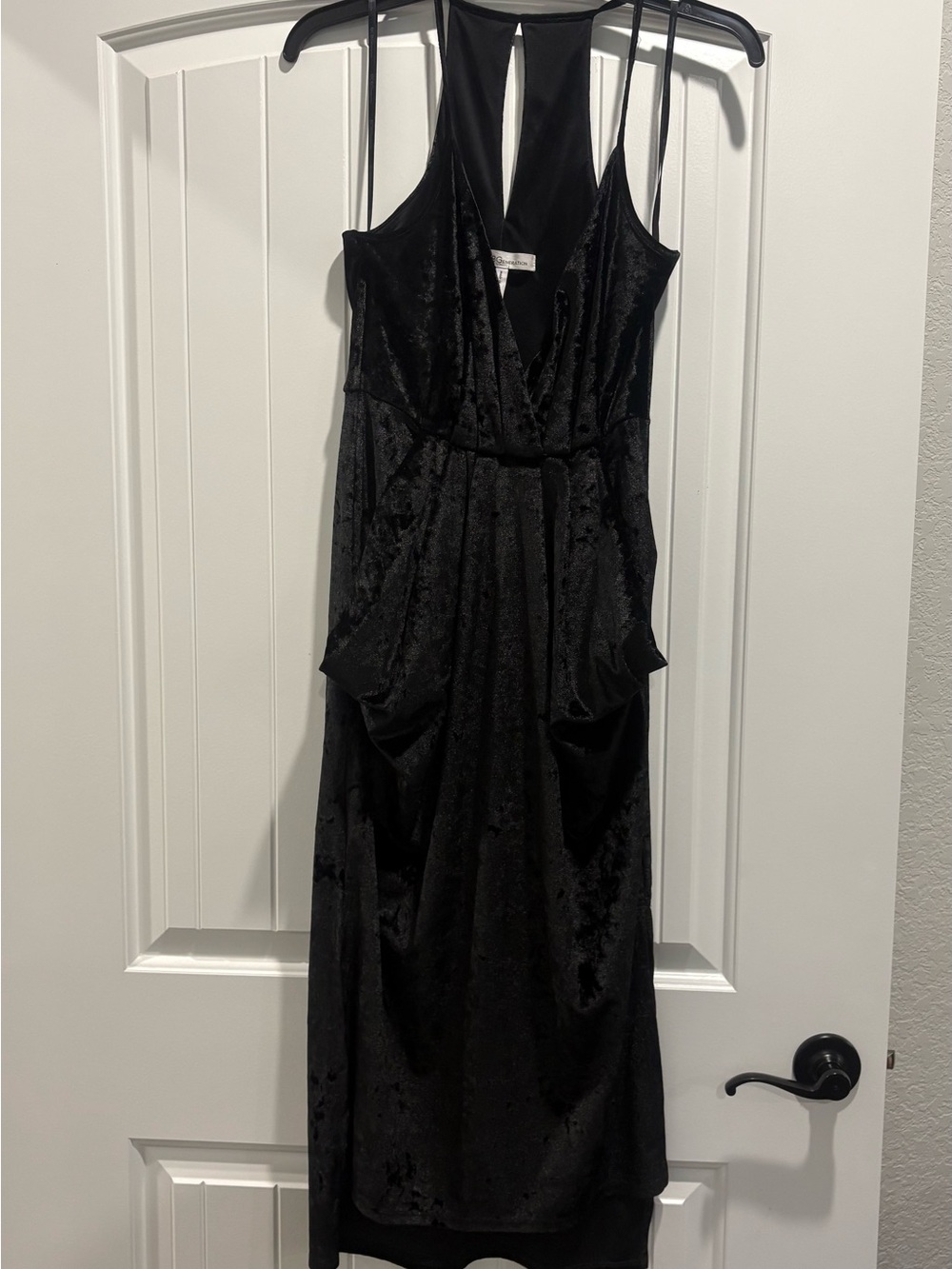 BCBGeneration Black Crushed Velvet Midi Dress XS Plunge Halter Pockets